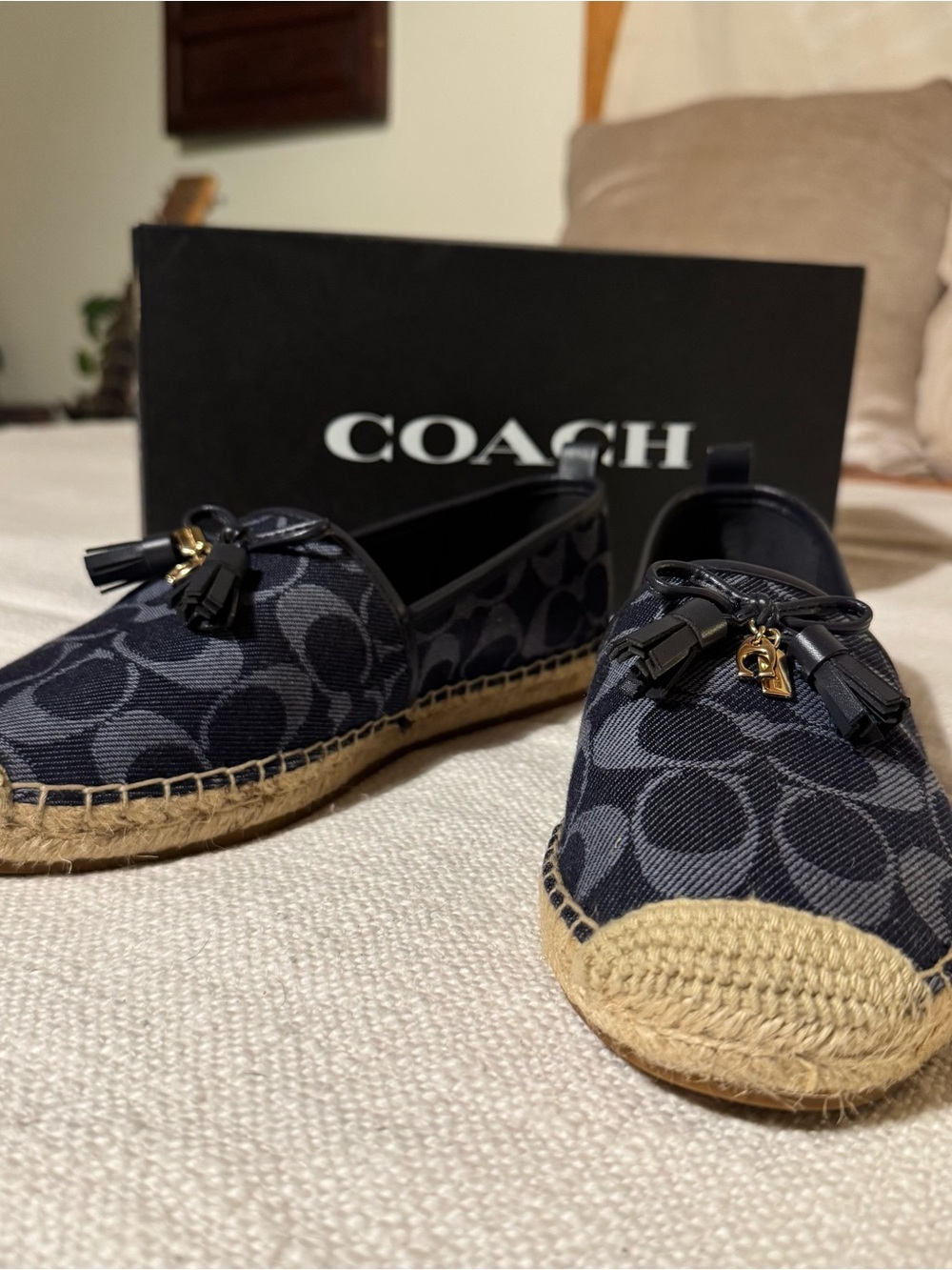 Coach Navy & Beige Signature Espadrille Flats with Tassel Charm
